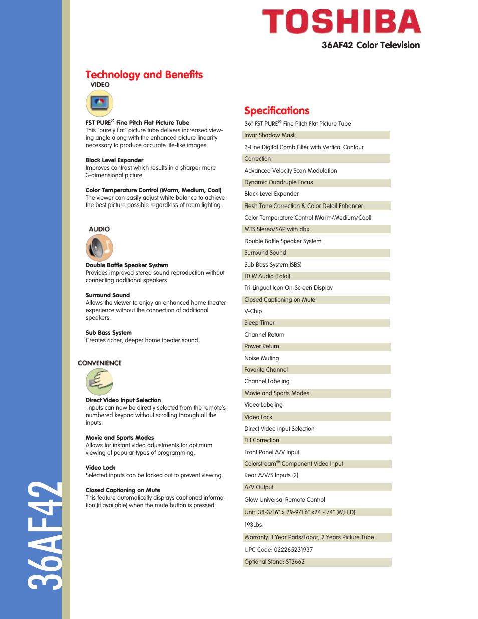 36af42, Technology and benefits, Specifications | 36af42 color television | Toshiba 36AF42 User Manual | Page 2 / 2