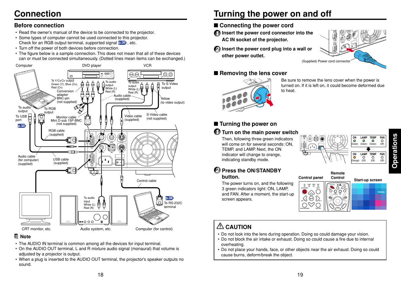 Connection, Operations, Turning the power on and off | P.18, P.19, Page up page down, Connecting the power cord, Removing the lens cover, Turning the power on, Caution | Toshiba TDP-D1 User Manual | Page 10 / 20