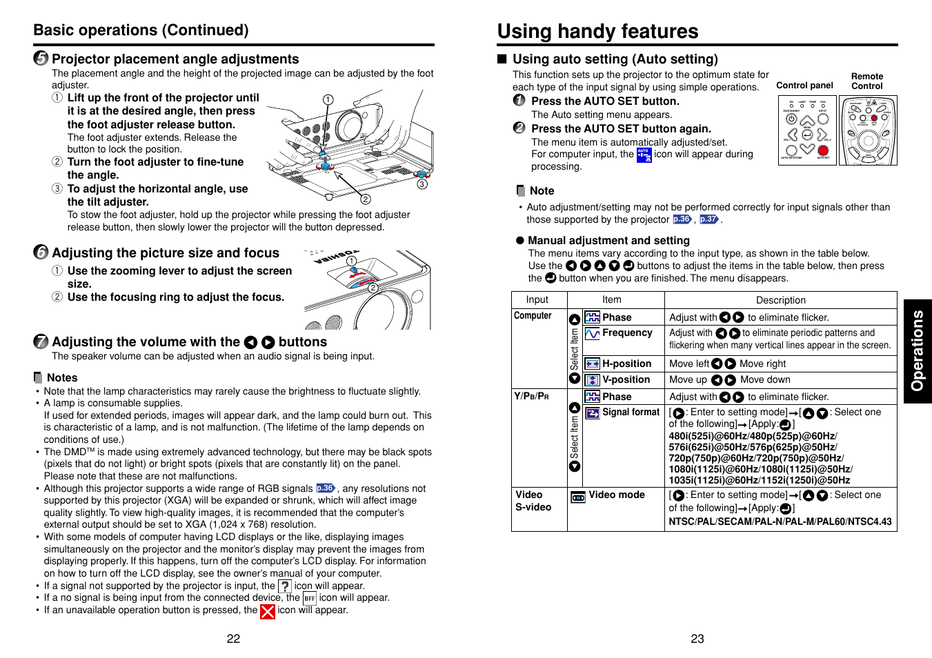 Using handy features, Using auto setting (auto setting), P.22 | P.21, P.23, Operations, Basic operations (continued), Page up page down, Projector placement angle adjustments, Adjusting the picture size and focus | Toshiba TDP-D1 User Manual | Page 12 / 20