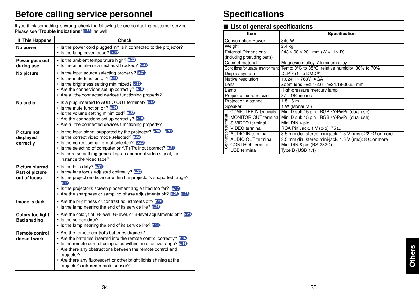 Before calling service personnel, Specifications, List of general specifications | Other s | Toshiba TDP-D1 User Manual | Page 18 / 20
