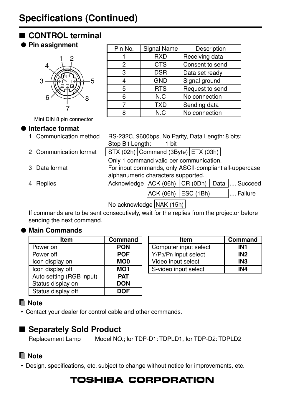Control terminal, Separately sold product, P.38 | Specifications (continued) | Toshiba TDP-D1 User Manual | Page 20 / 20