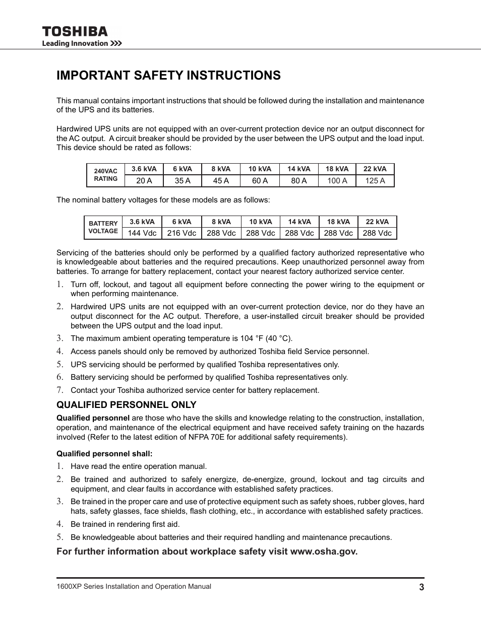 Important safety instructions, Qualified personnel only | Toshiba UNINTERRUPTIBLE POWER SYSTEM 1600XP User Manual | Page 11 / 90