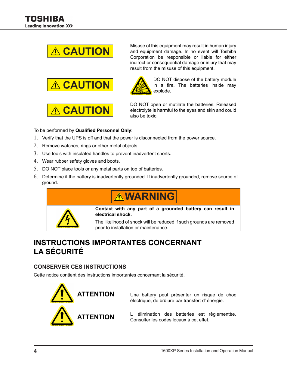 Instructions importantes concernant la sécurité, Warning caution caution caution, Attention | Toshiba UNINTERRUPTIBLE POWER SYSTEM 1600XP User Manual | Page 12 / 90