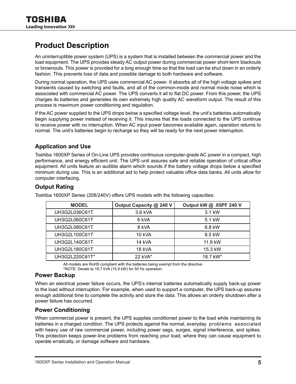 Product description, Application and use, Output rating | Power backup, Power conditioning | Toshiba UNINTERRUPTIBLE POWER SYSTEM 1600XP User Manual | Page 13 / 90