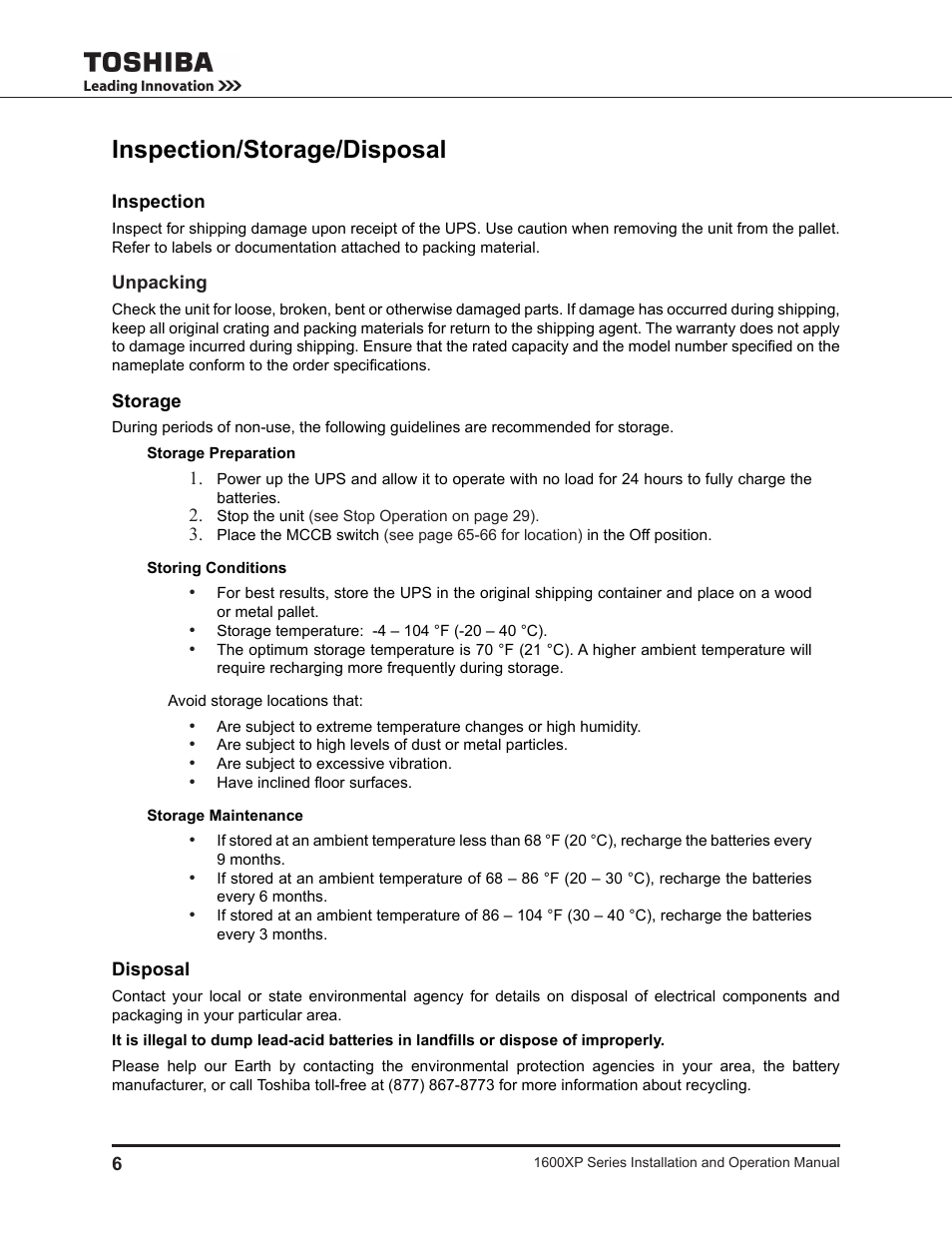 Inspection/storage/disposal, Inspection, Storage | Disposal | Toshiba UNINTERRUPTIBLE POWER SYSTEM 1600XP User Manual | Page 14 / 90