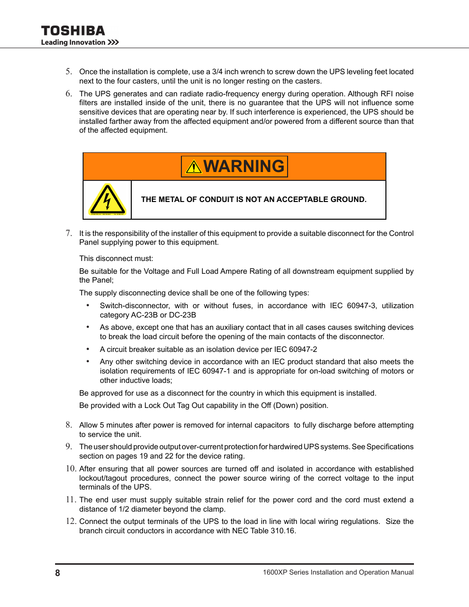 Warning | Toshiba UNINTERRUPTIBLE POWER SYSTEM 1600XP User Manual | Page 16 / 90