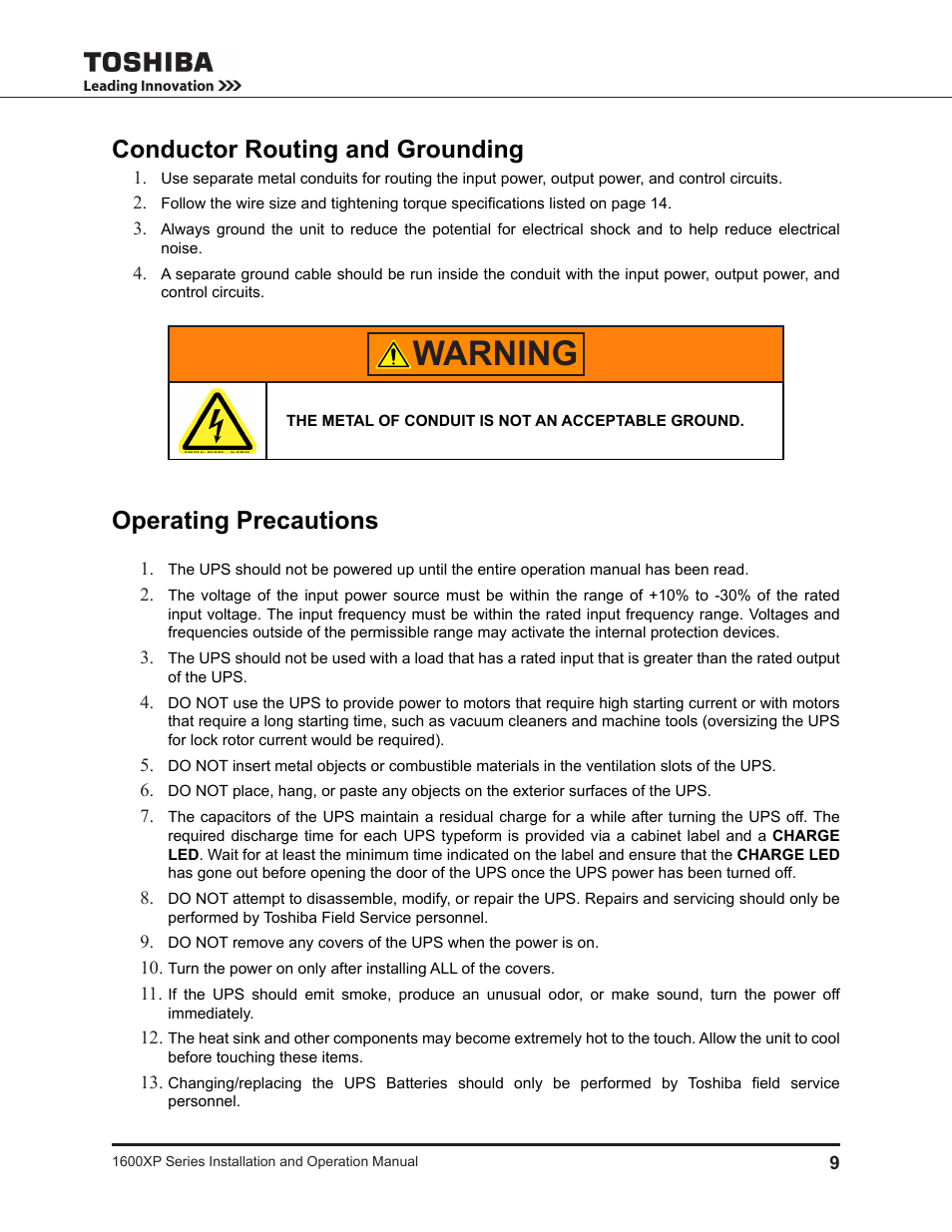 Conductor routing and grounding, Operating precautions, Warning | Toshiba UNINTERRUPTIBLE POWER SYSTEM 1600XP User Manual | Page 17 / 90