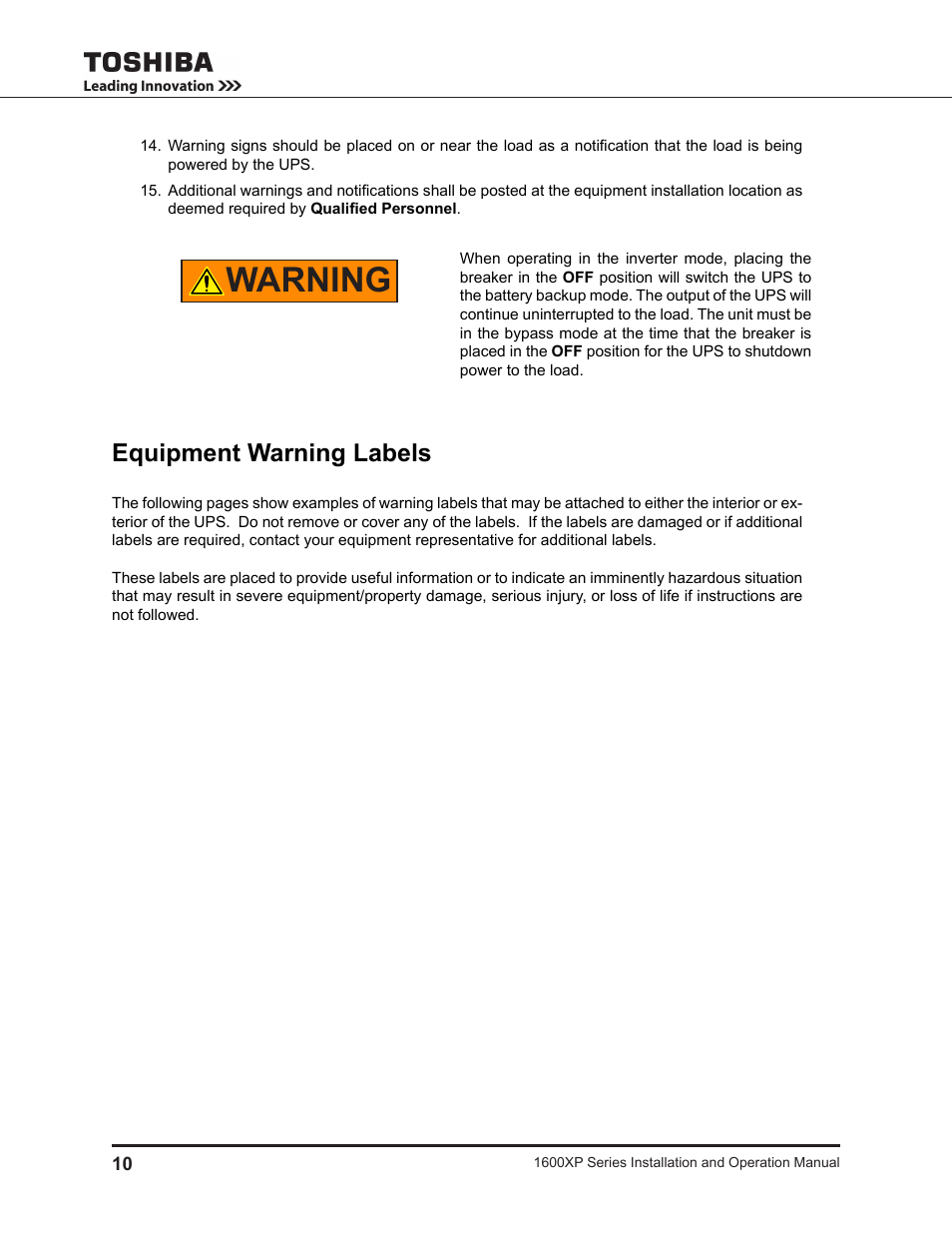 Equipment warning labels, Warning | Toshiba UNINTERRUPTIBLE POWER SYSTEM 1600XP User Manual | Page 18 / 90