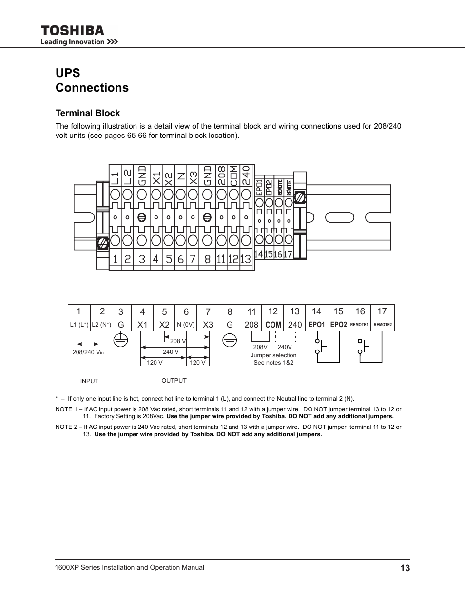 Ups connections, Terminal block | Toshiba UNINTERRUPTIBLE POWER SYSTEM 1600XP User Manual | Page 21 / 90