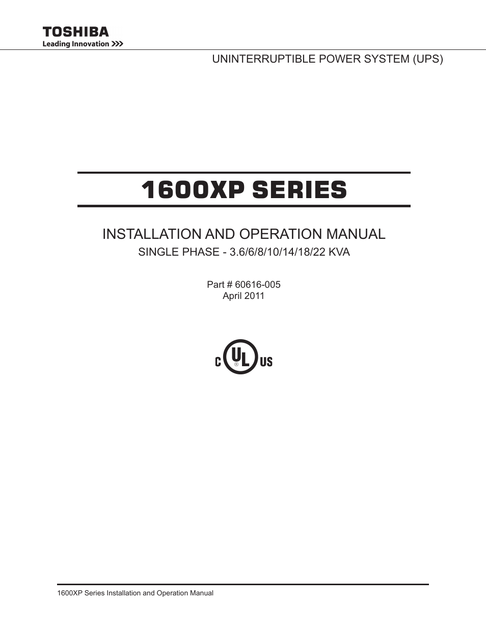 1600xp series, Installation and operation manual | Toshiba UNINTERRUPTIBLE POWER SYSTEM 1600XP User Manual | Page 3 / 90