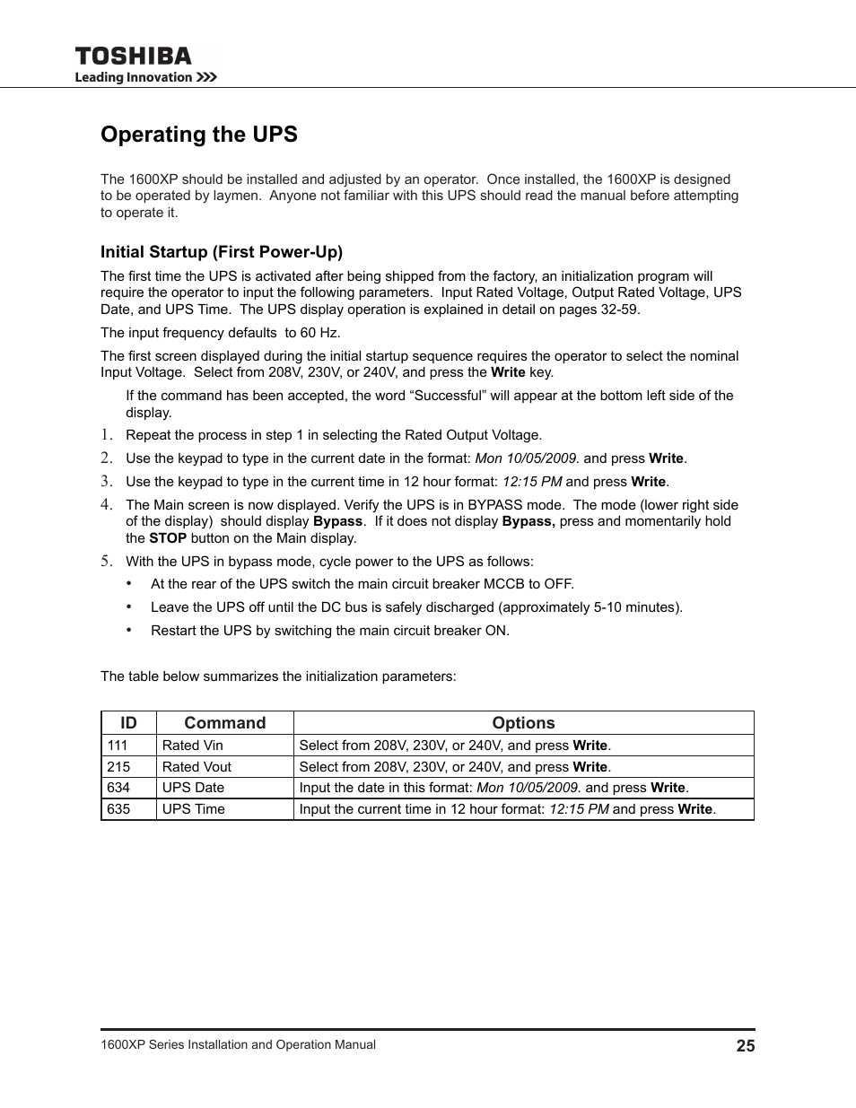 Operating the ups, Initial startup (first power-up) | Toshiba UNINTERRUPTIBLE POWER SYSTEM 1600XP User Manual | Page 33 / 90