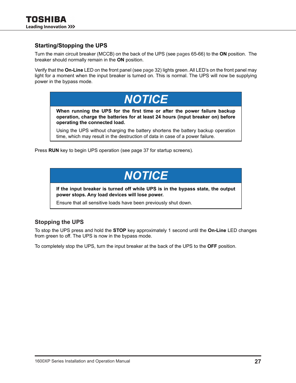 Starting/stopping the ups, Notice | Toshiba UNINTERRUPTIBLE POWER SYSTEM 1600XP User Manual | Page 35 / 90