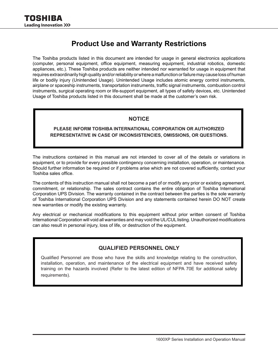 Product use and warranty restrictions | Toshiba UNINTERRUPTIBLE POWER SYSTEM 1600XP User Manual | Page 4 / 90