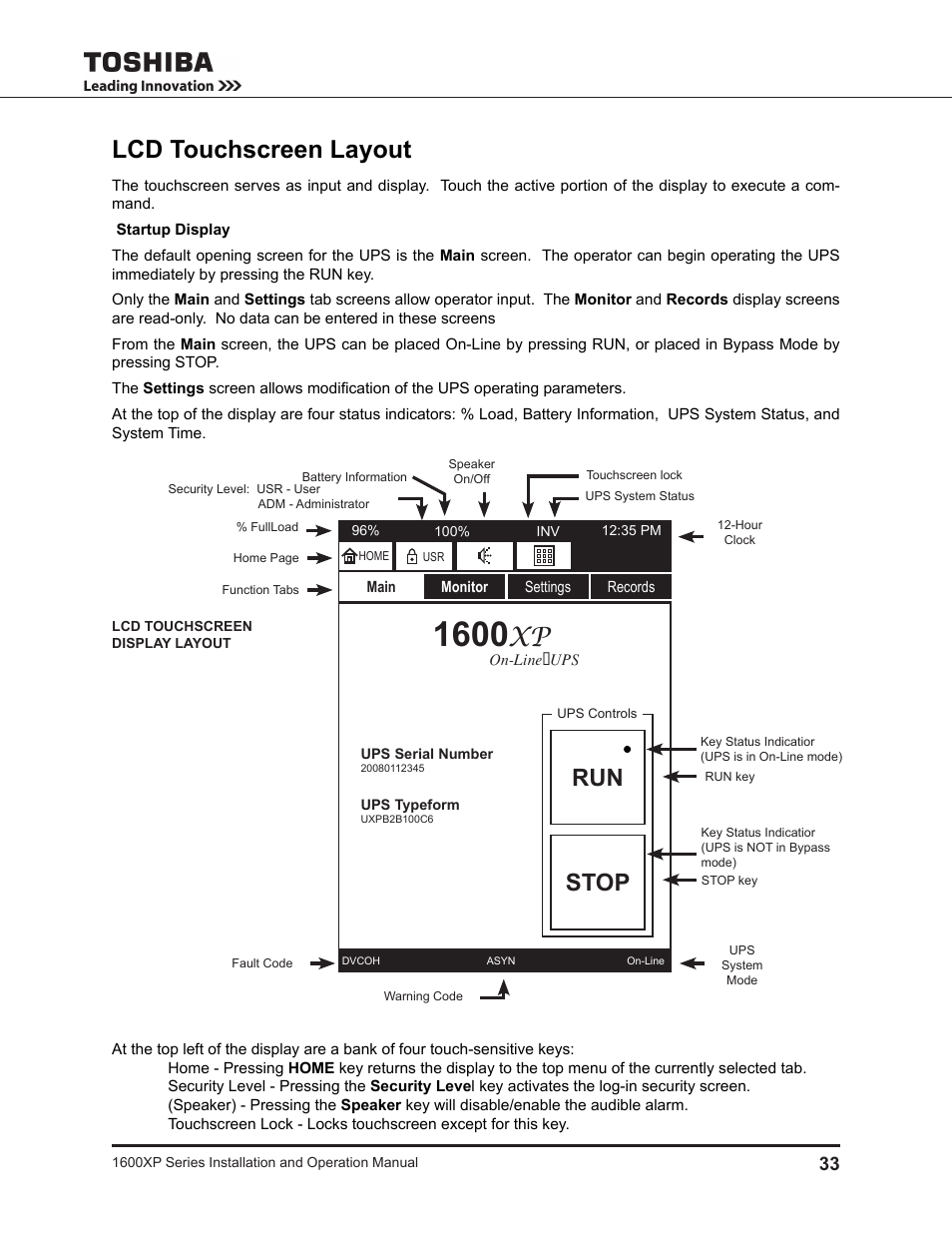 Lcd touchscreen layout, Run stop | Toshiba UNINTERRUPTIBLE POWER SYSTEM 1600XP User Manual | Page 41 / 90