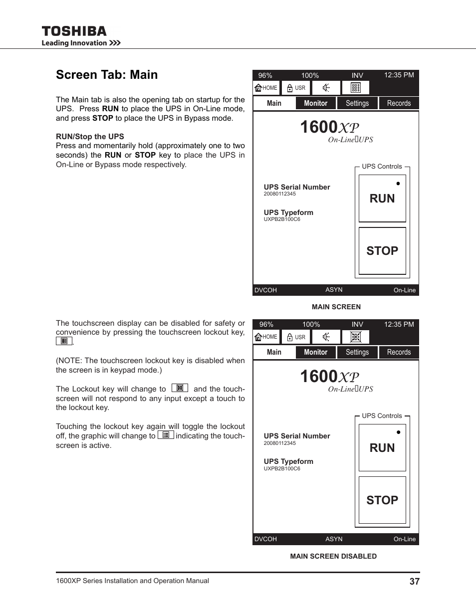 Screen tab: main, Run stop | Toshiba UNINTERRUPTIBLE POWER SYSTEM 1600XP User Manual | Page 45 / 90