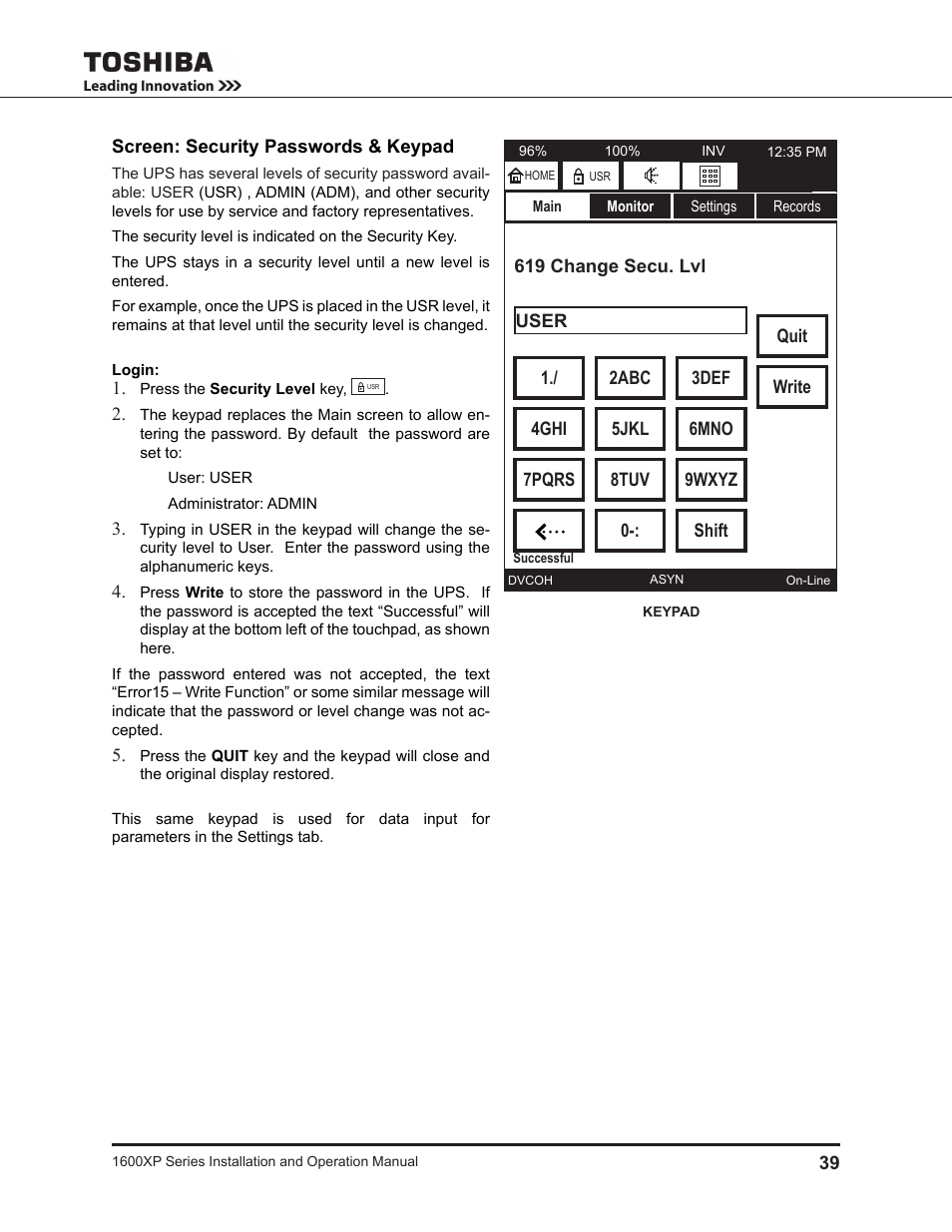 Screen: security passwords & keypad | Toshiba UNINTERRUPTIBLE POWER SYSTEM 1600XP User Manual | Page 47 / 90