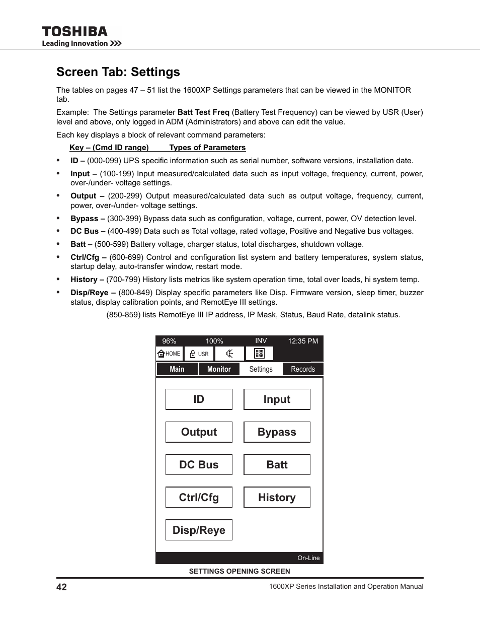 Screen tab: settings, Debug | Toshiba UNINTERRUPTIBLE POWER SYSTEM 1600XP User Manual | Page 50 / 90