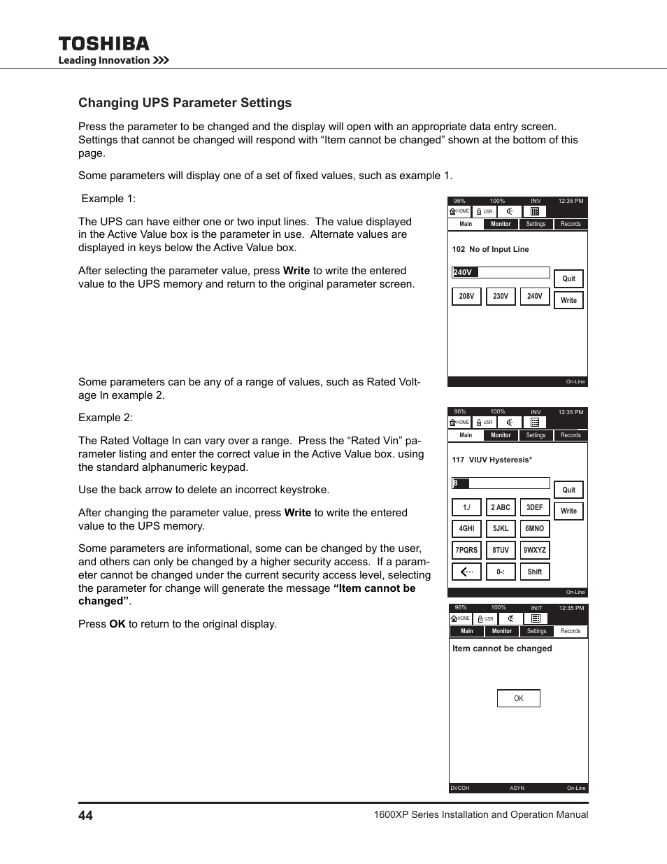 Changing ups parameter settings | Toshiba UNINTERRUPTIBLE POWER SYSTEM 1600XP User Manual | Page 52 / 90