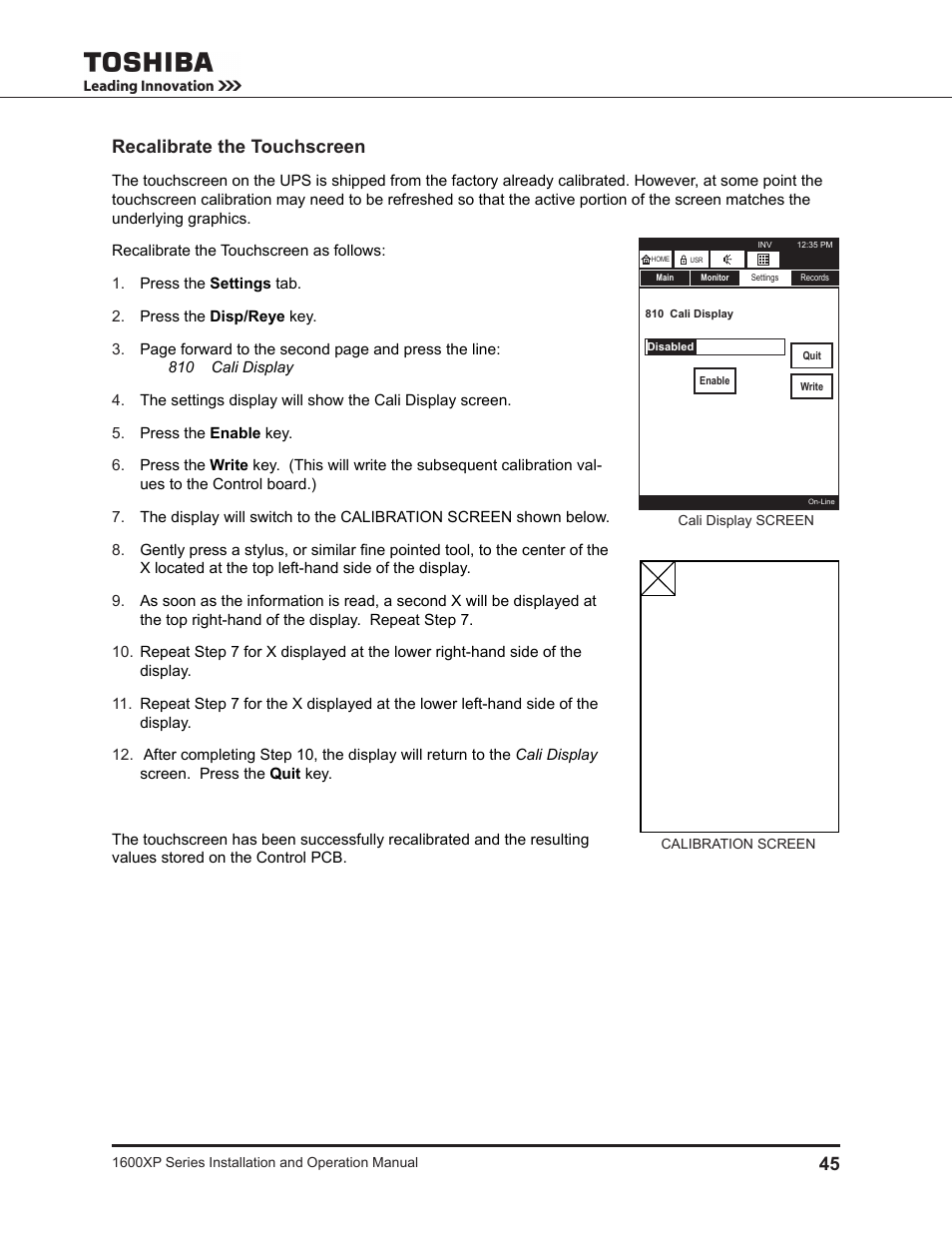 Recalibrate the touchscreen | Toshiba UNINTERRUPTIBLE POWER SYSTEM 1600XP User Manual | Page 53 / 90