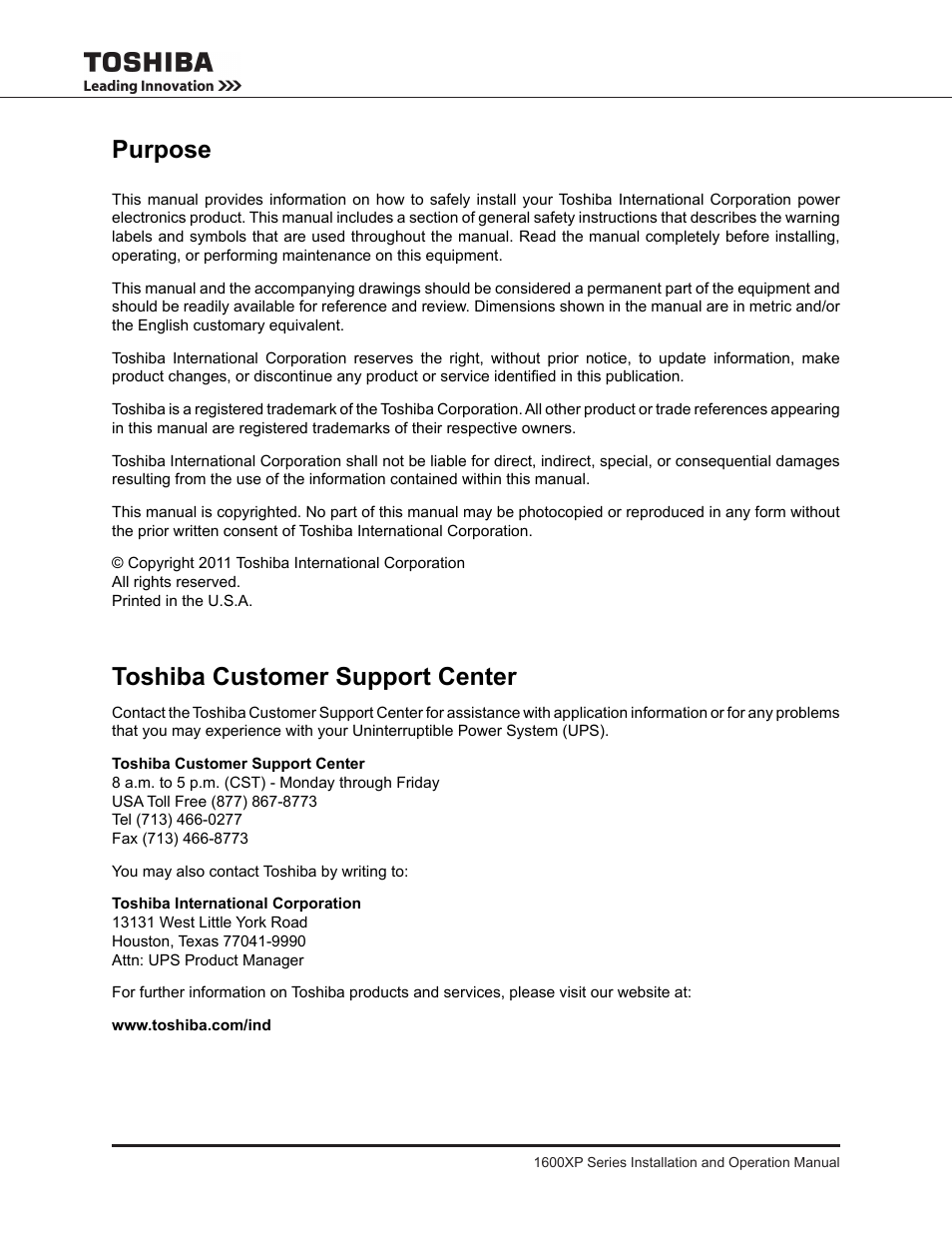 Purpose, Toshiba customer support center | Toshiba UNINTERRUPTIBLE POWER SYSTEM 1600XP User Manual | Page 6 / 90