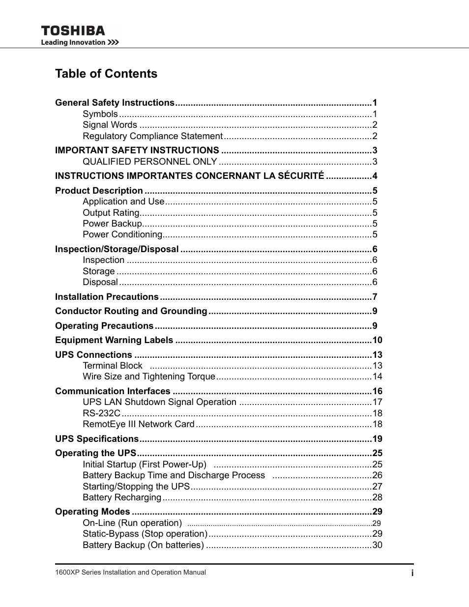 Toshiba UNINTERRUPTIBLE POWER SYSTEM 1600XP User Manual | Page 7 / 90