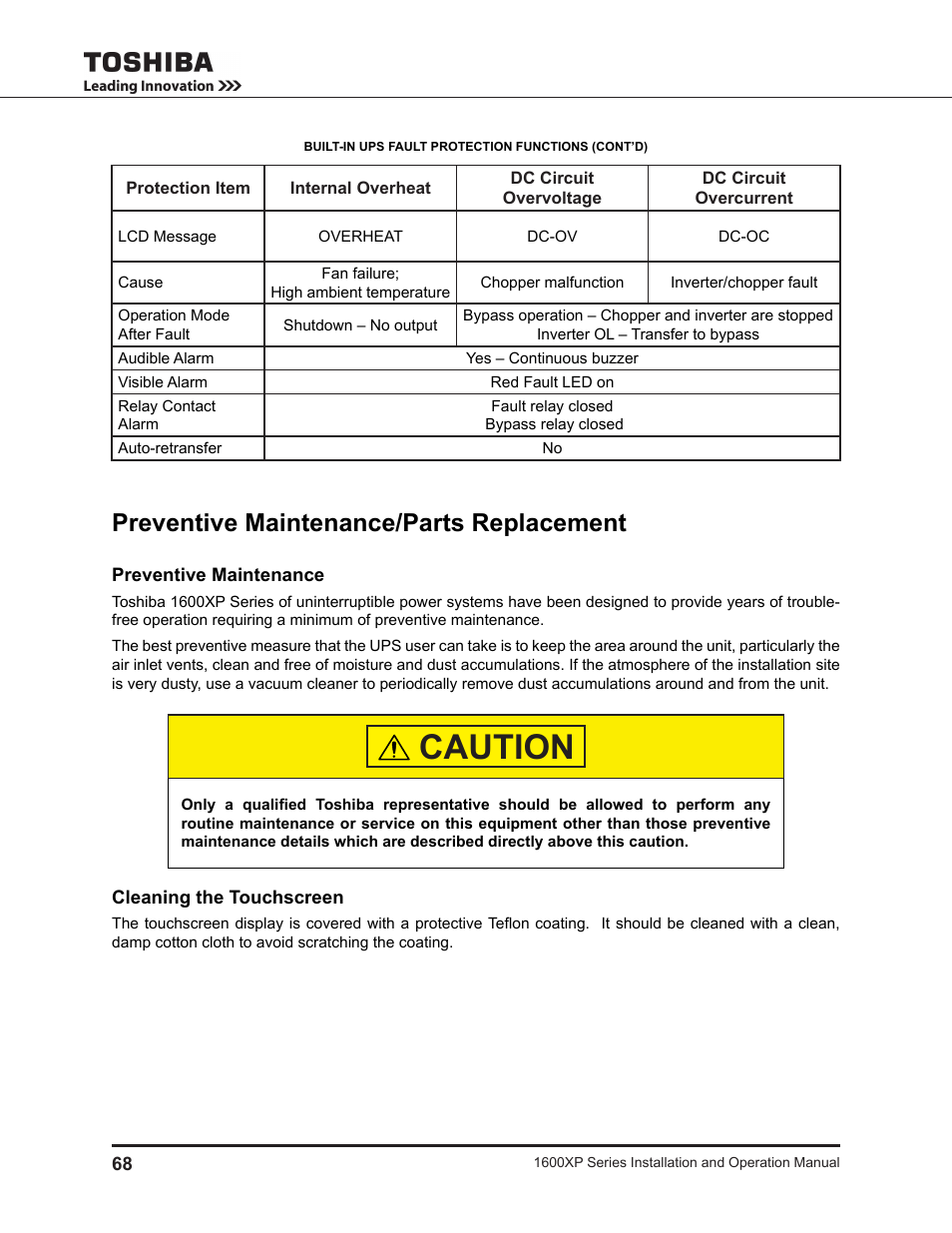 Preventive maintenance/parts replacement, Preventive maintenance, Cleaning the touchscreen | Caution | Toshiba UNINTERRUPTIBLE POWER SYSTEM 1600XP User Manual | Page 76 / 90