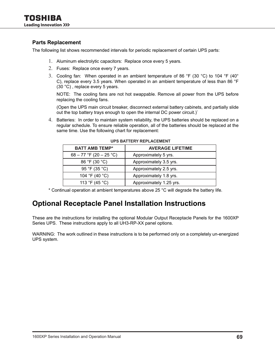 Parts replacement | Toshiba UNINTERRUPTIBLE POWER SYSTEM 1600XP User Manual | Page 77 / 90