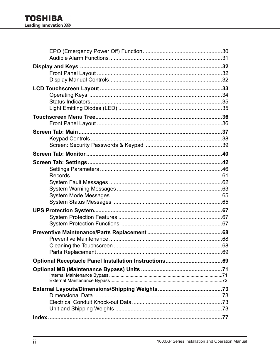 Toshiba UNINTERRUPTIBLE POWER SYSTEM 1600XP User Manual | Page 8 / 90