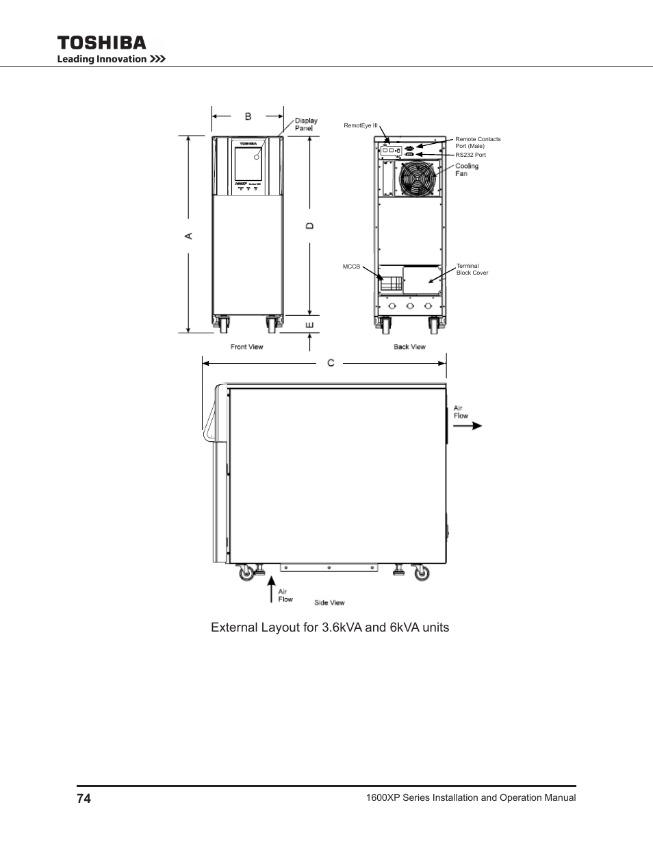 External layout for 3.6kva and 6kva units | Toshiba UNINTERRUPTIBLE POWER SYSTEM 1600XP User Manual | Page 82 / 90