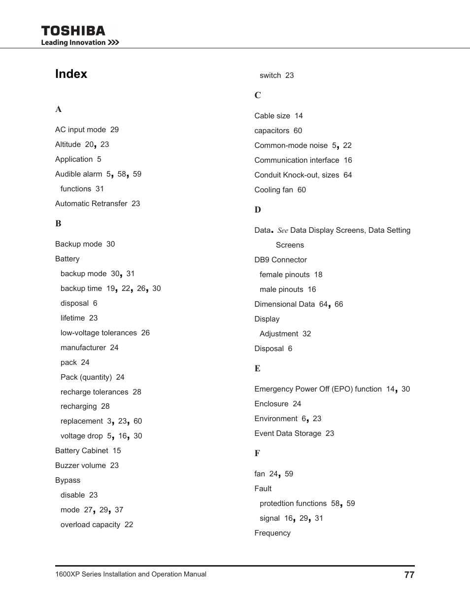 Index | Toshiba UNINTERRUPTIBLE POWER SYSTEM 1600XP User Manual | Page 85 / 90