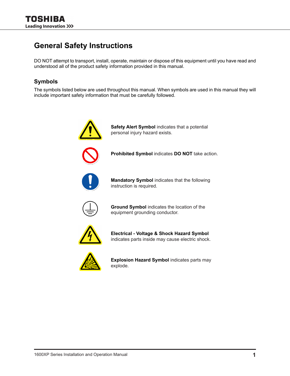 General safety instructions, Symbols | Toshiba UNINTERRUPTIBLE POWER SYSTEM 1600XP User Manual | Page 9 / 90