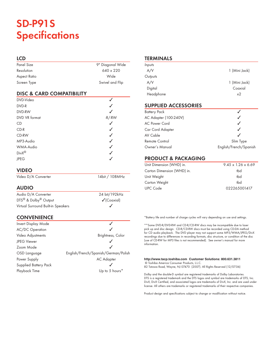 Sd-p91s specifications, Disc & card compatibility, Video | Audio, Convenience, Terminals, Supplied accessories, Product & packaging | Toshiba SD-P91S User Manual | Page 2 / 2