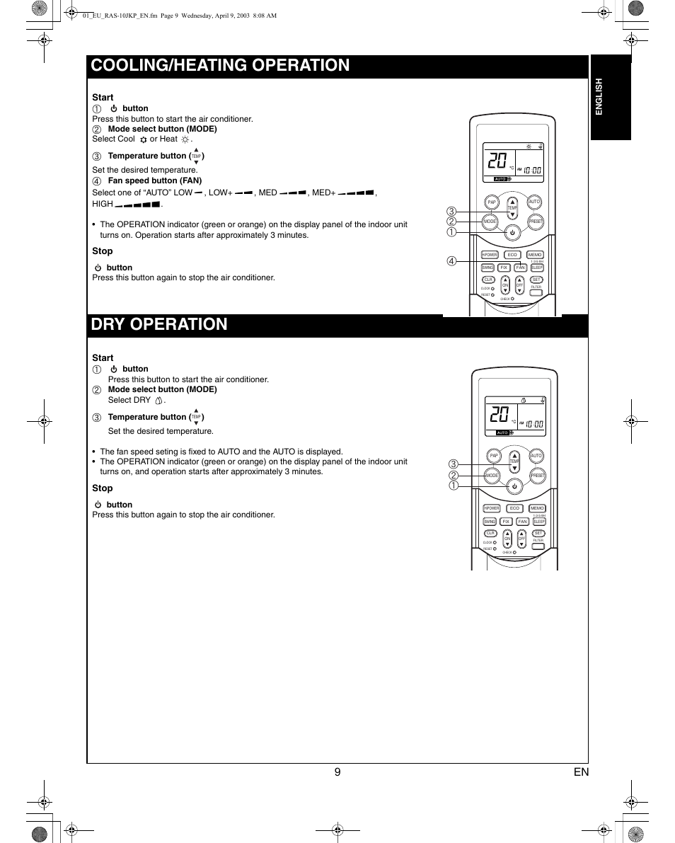 Cooling/heating operation dry operation, Start, Stop | Ab c d, Ab c | Toshiba RAS-13JKVP-E User Manual | Page 11 / 31