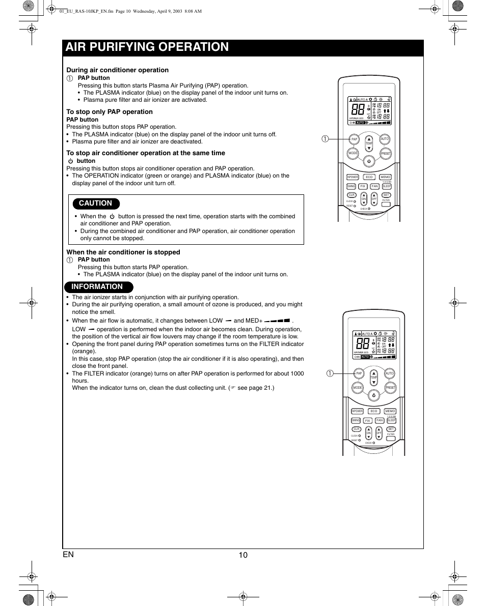 Air purifying operation, 10 en, Information | Caution, During air conditioner operation, When the air conditioner is stopped | Toshiba RAS-13JKVP-E User Manual | Page 12 / 31