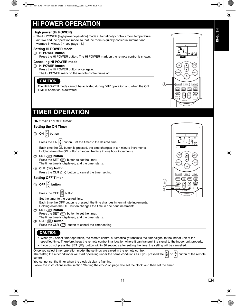 Hi power operation, Timer operation, Caution | High power (hi power), Setting hi power mode, Canceling hi power mode, On timer and off timer setting the on timer, Setting off timer, B c a | Toshiba RAS-13JKVP-E User Manual | Page 13 / 31