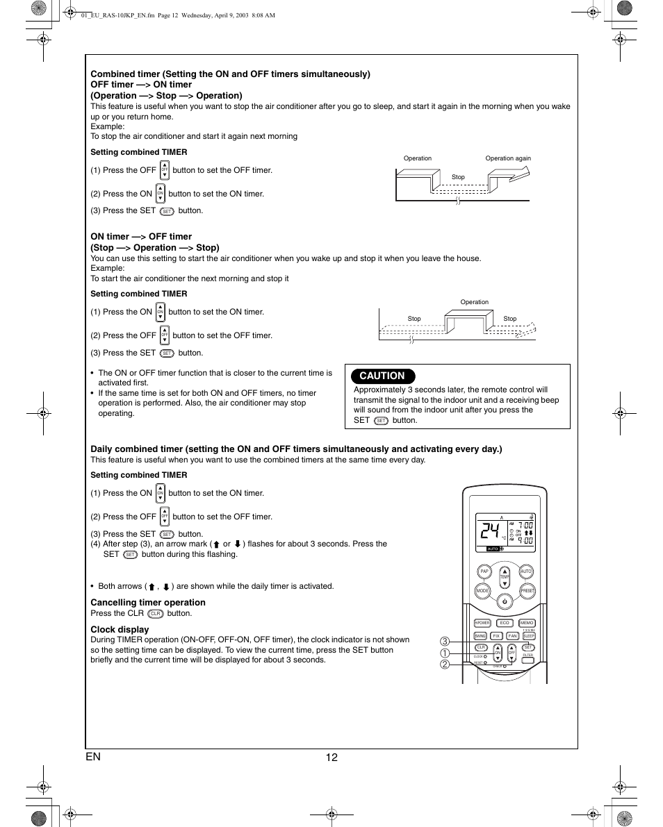 12 en, Caution, On timer —> off timer (stop —> operation —> stop) | Cancelling timer operation, Clock display, Bc a | Toshiba RAS-13JKVP-E User Manual | Page 14 / 31