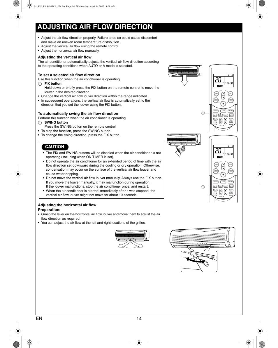 Adjusting air flow direction, 14 en, Caution | Adjusting the vertical air flow, Adjusting the horizontal air flow preparation | Toshiba RAS-13JKVP-E User Manual | Page 16 / 31