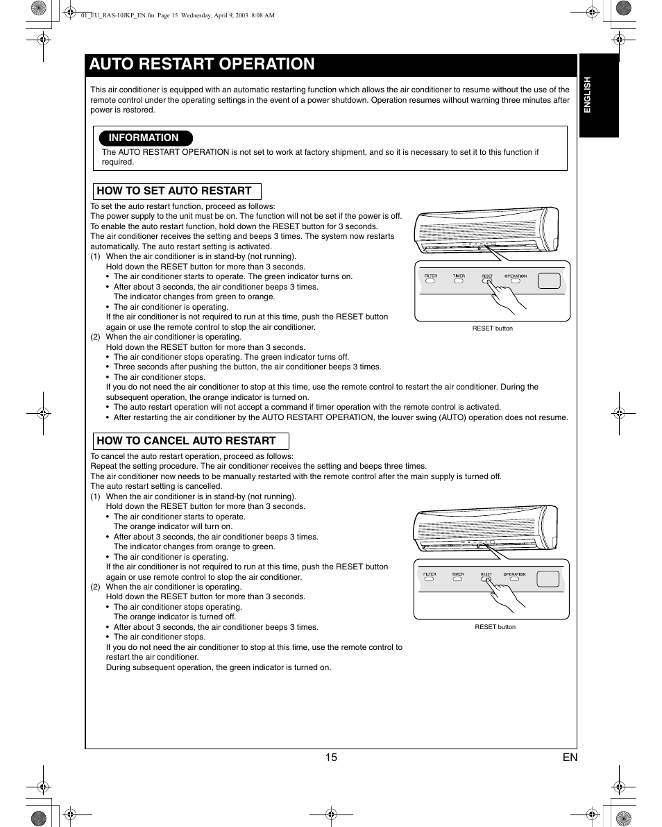 Auto restart operation | Toshiba RAS-13JKVP-E User Manual | Page 17 / 31