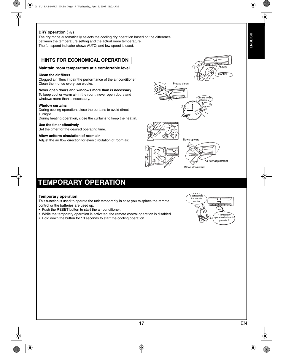 Hints for economical operation, Dry operation ( ), Maintain room temperature at a comfortable level | Temporary operation | Toshiba RAS-13JKVP-E User Manual | Page 19 / 31