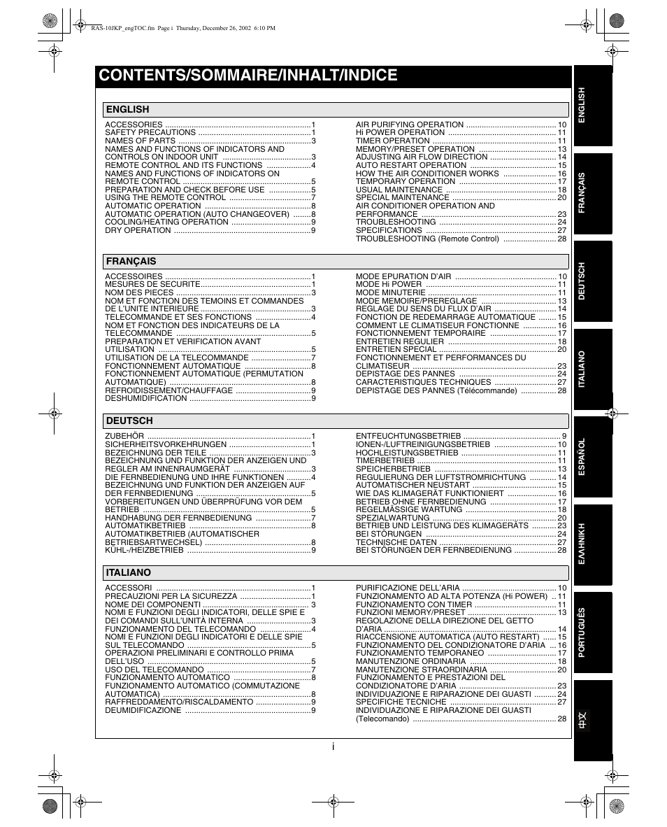 Contents/sommaire/inhalt/indice | Toshiba RAS-13JKVP-E User Manual | Page 2 / 31