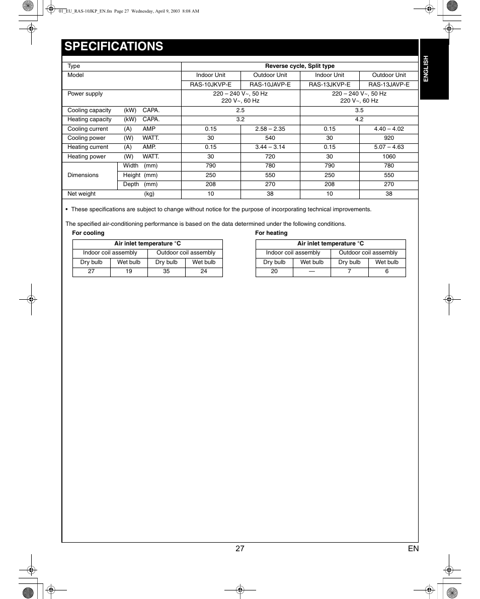 Specifications | Toshiba RAS-13JKVP-E User Manual | Page 29 / 31