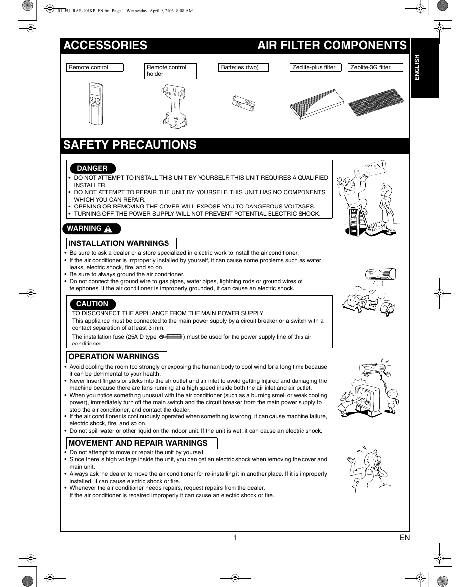 Accessories, Air filter components safety precautions | Toshiba RAS-13JKVP-E User Manual | Page 3 / 31