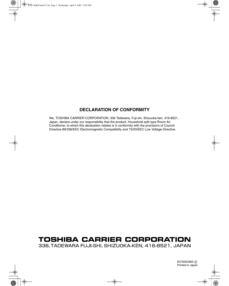 Declaration of conformity | Toshiba RAS-13JKVP-E User Manual | Page 31 / 31