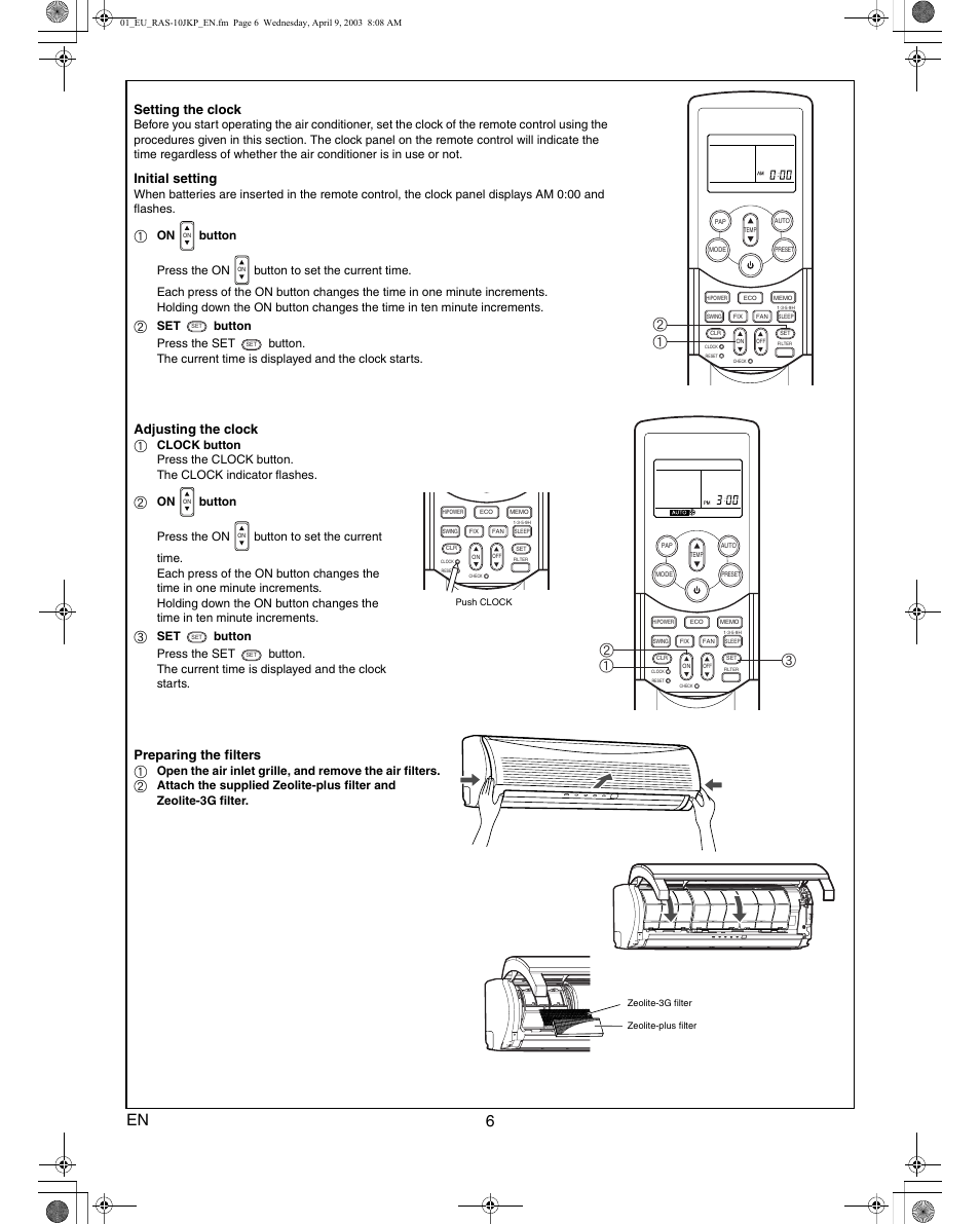 Setting the clock, Initial setting, Adjusting the clock | Preparing the filters, Ab c | Toshiba RAS-13JKVP-E User Manual | Page 8 / 31