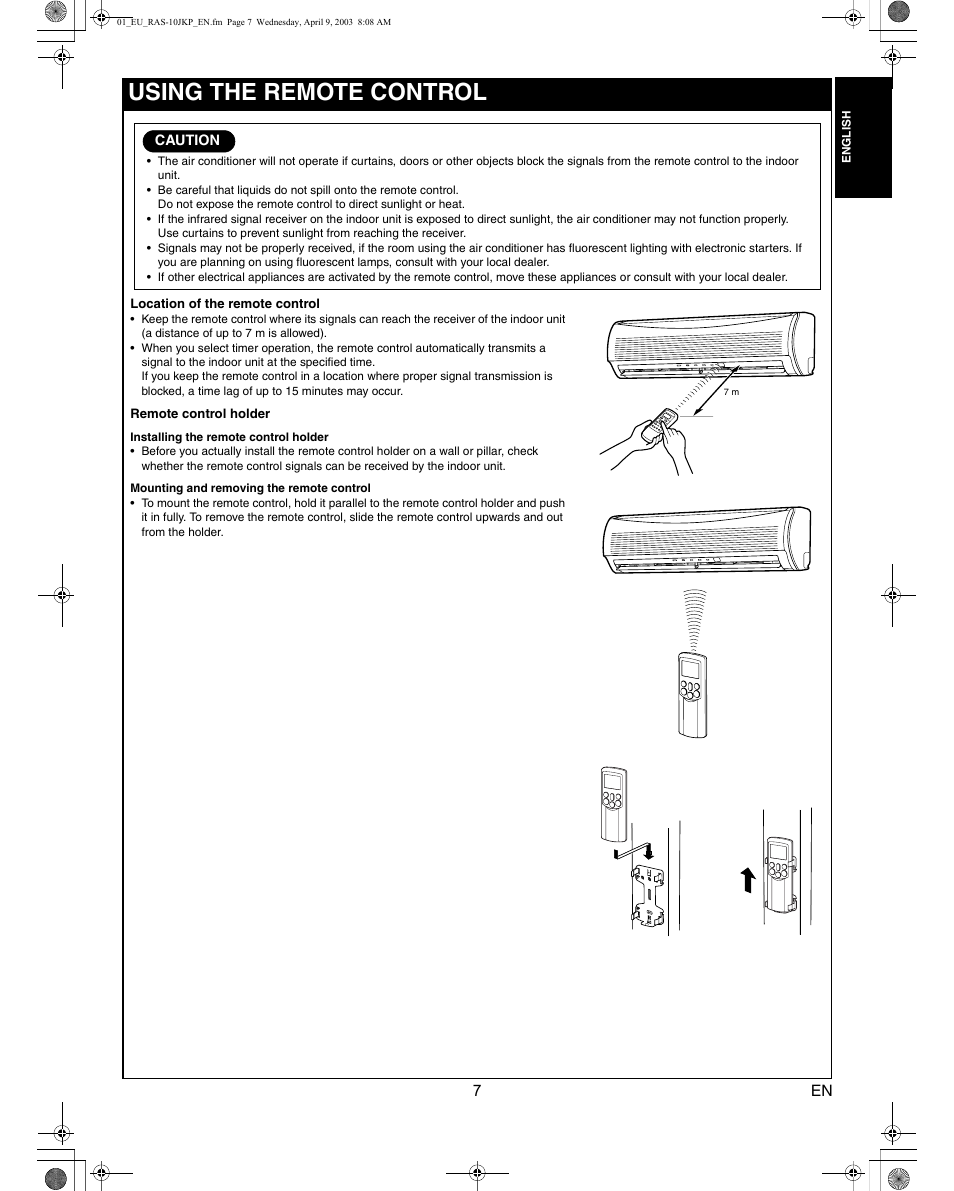 Using the remote control | Toshiba RAS-13JKVP-E User Manual | Page 9 / 31