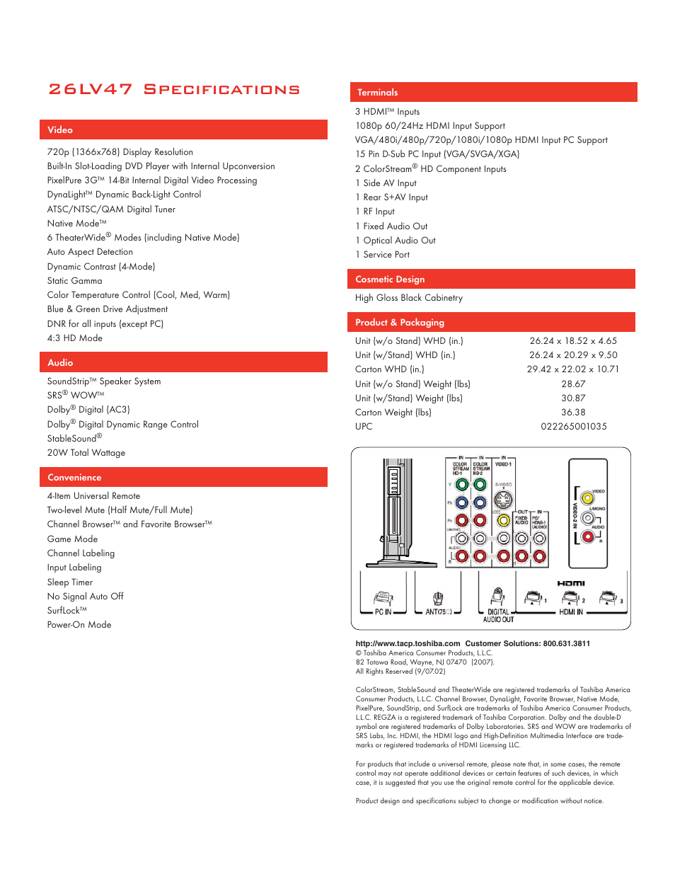 26lv47 specifications | Toshiba 26LV47 User Manual | Page 2 / 2