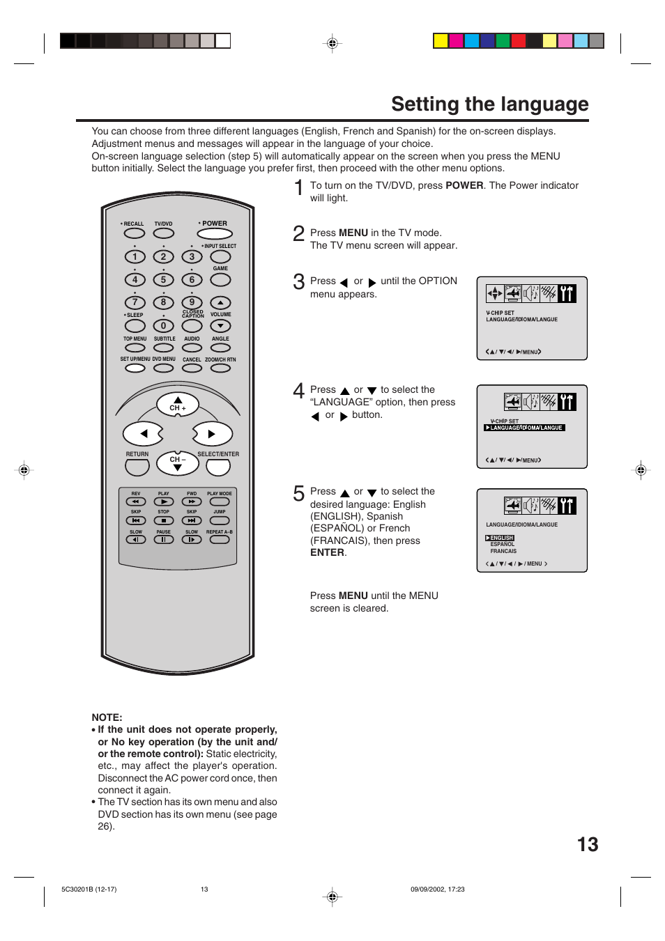 Tv operations, Setting the language | Toshiba MD13M1 User Manual | Page 13 / 52