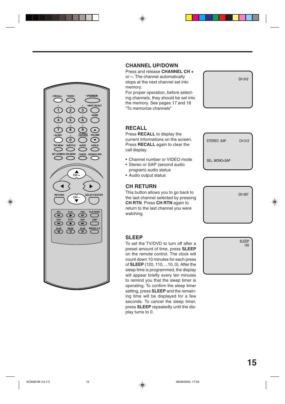 Recall, Channel up/down, Ch return | Sleep | Toshiba MD13M1 User Manual | Page 15 / 52
