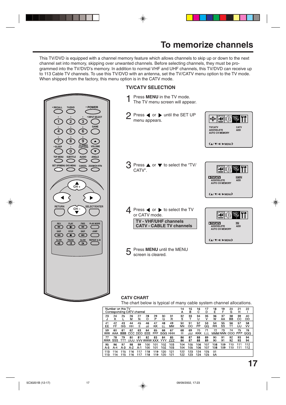 To memorize channels, Tv/catv selection | Toshiba MD13M1 User Manual | Page 17 / 52