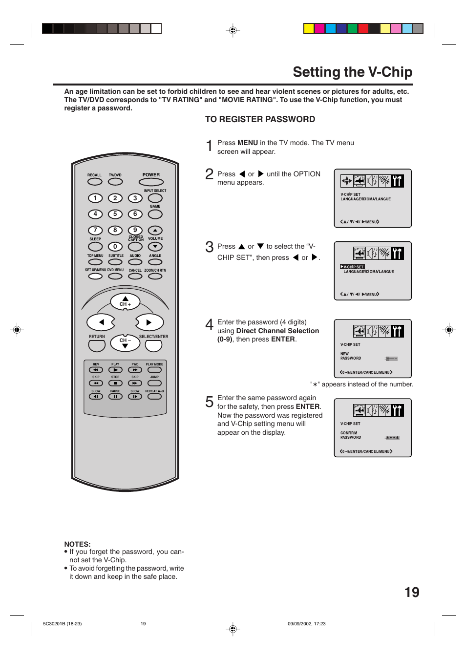 Setting v-chip, Setting the v-chip | Toshiba MD13M1 User Manual | Page 19 / 52